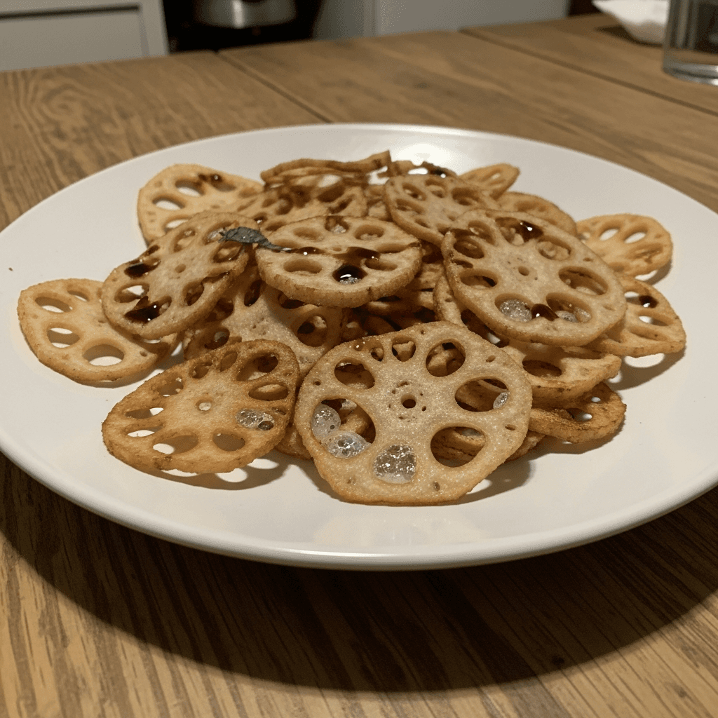 Crispy Lotus Root Chips with Soy Sauce Drizzle