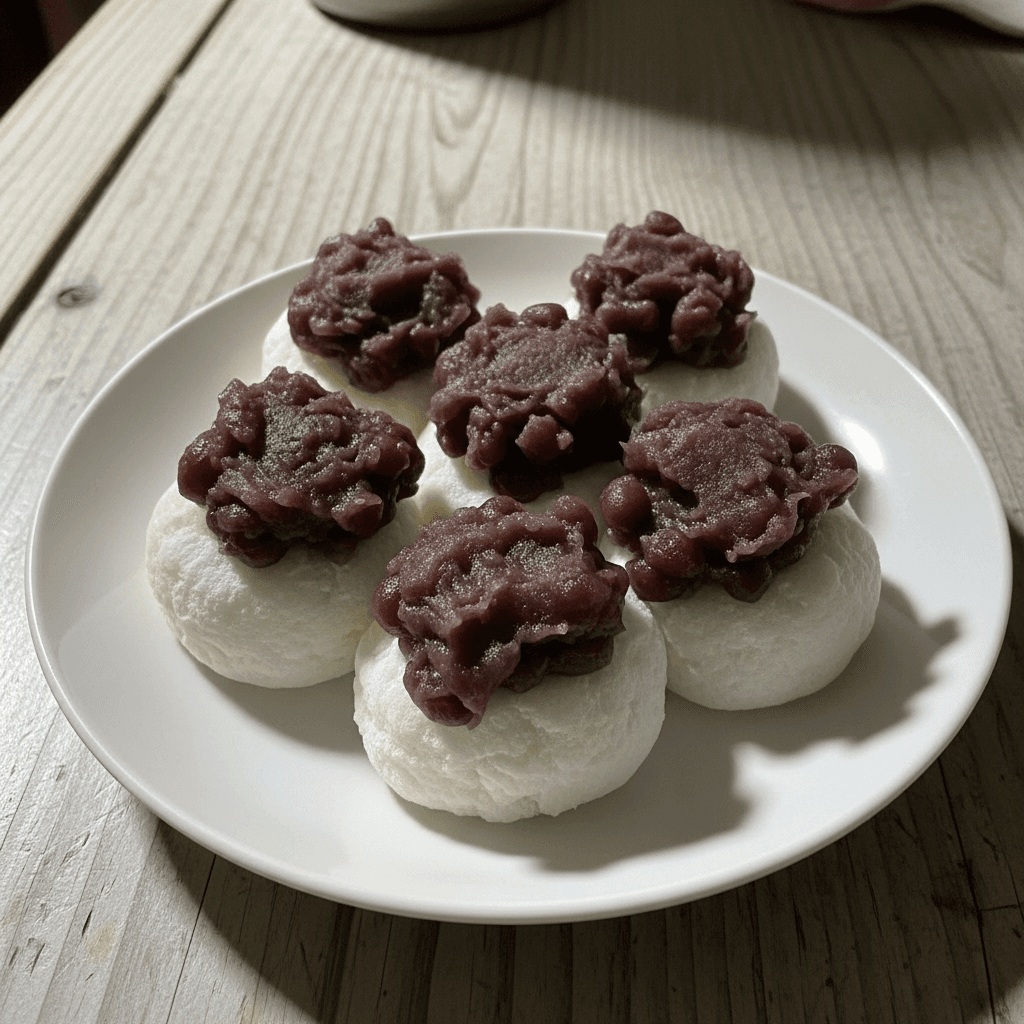 Fluffy Mochi Rice Cakes with Sweet Red Bean Paste (Anko)